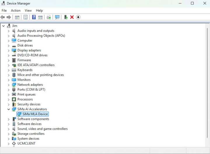 Windows 장치 관리자에 SiMa AI 장치가 표시됨