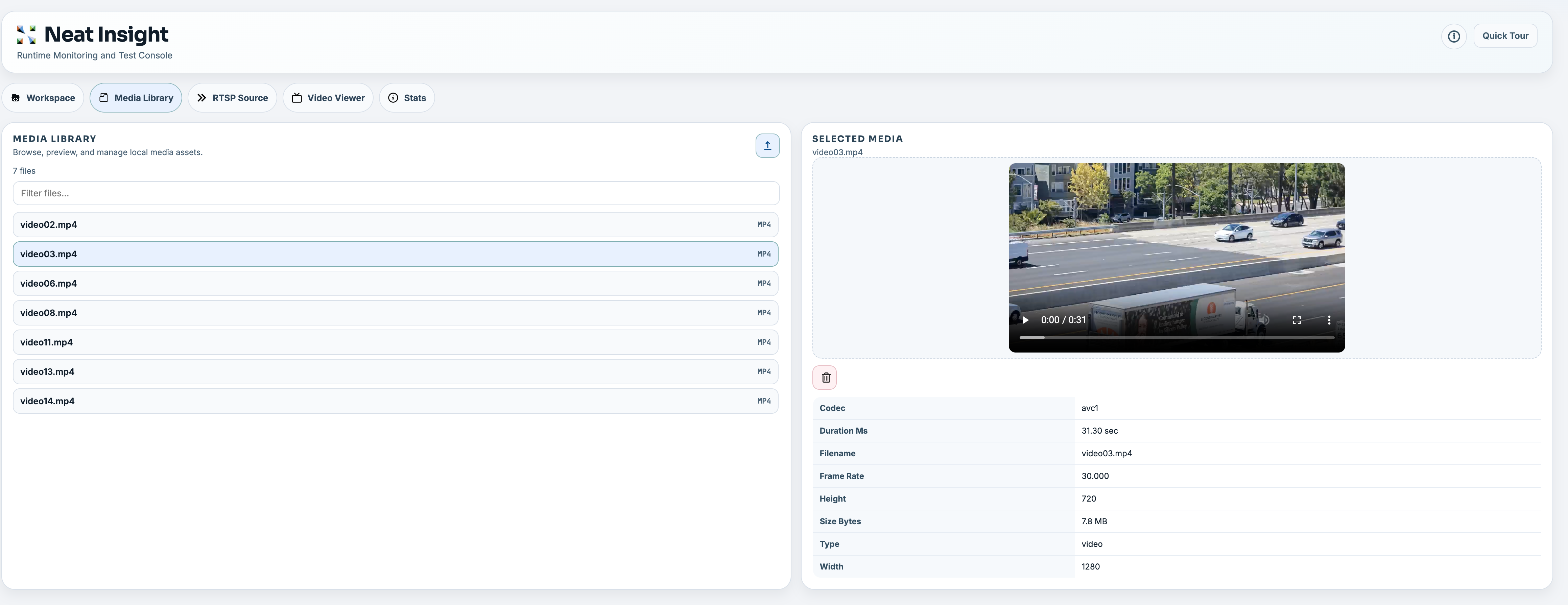 Insight Media Library view showing a selected video preview and media metadata.