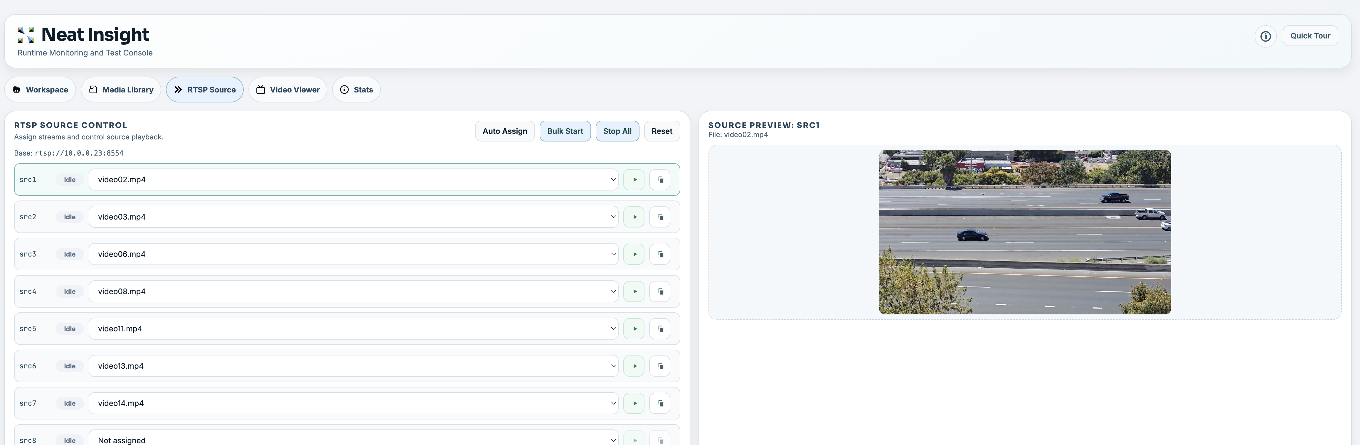 Insight RTSP Source view showing assigned source slots and source preview.