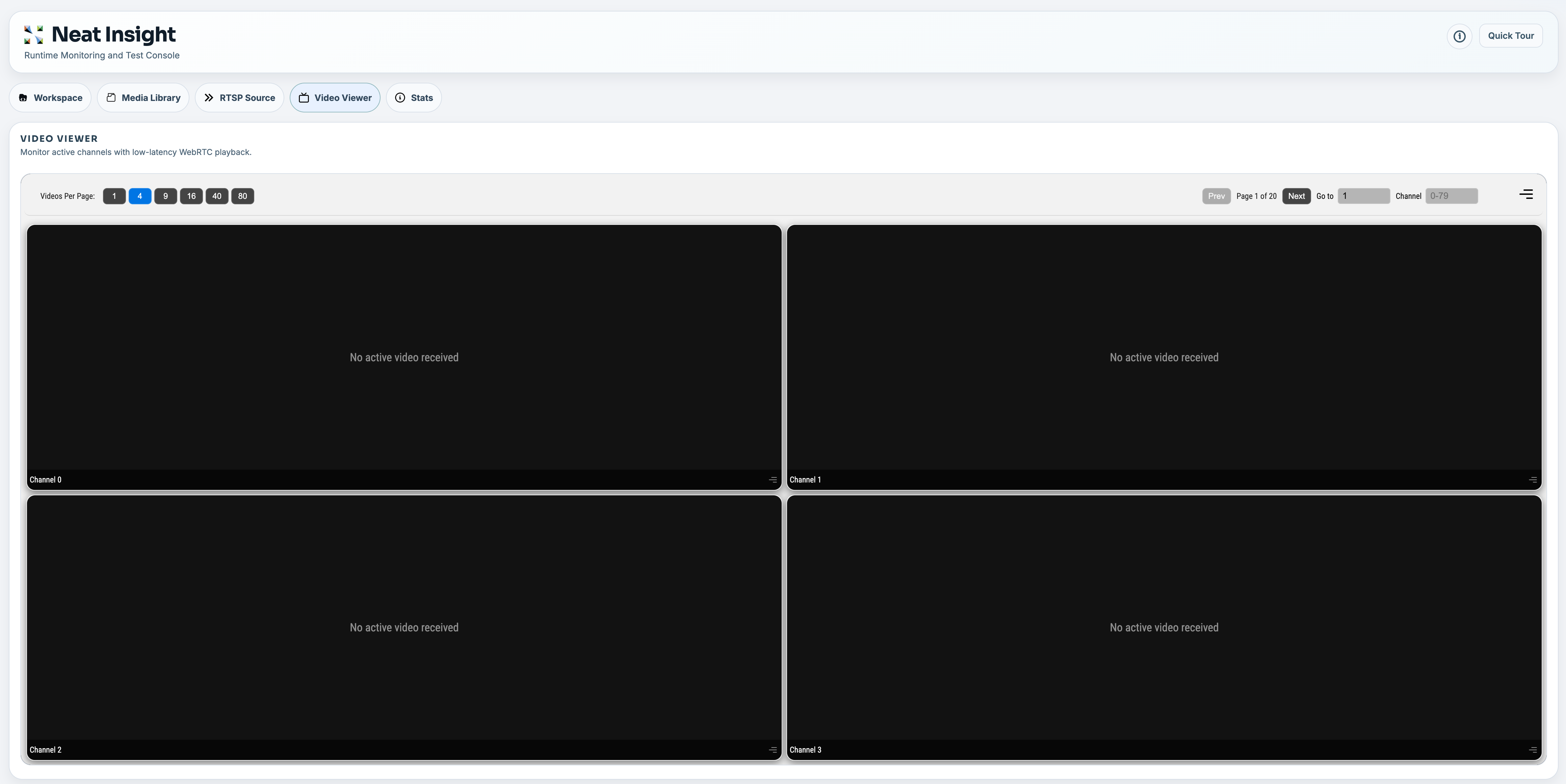 Insight Video Viewer showing a four-channel WebRTC grid.