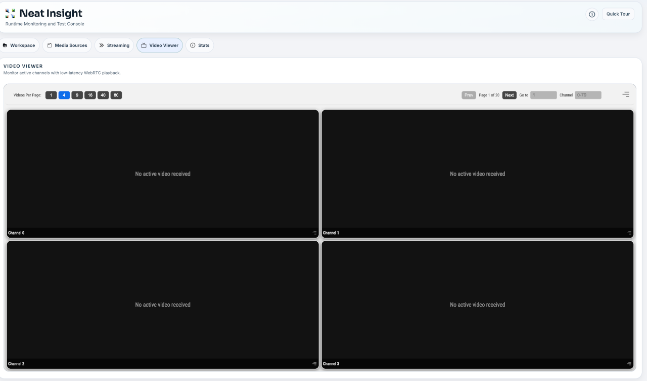  Insightビデオビューワーは、4つのチャンネルをグリッド形式で表示します。WebRTC 